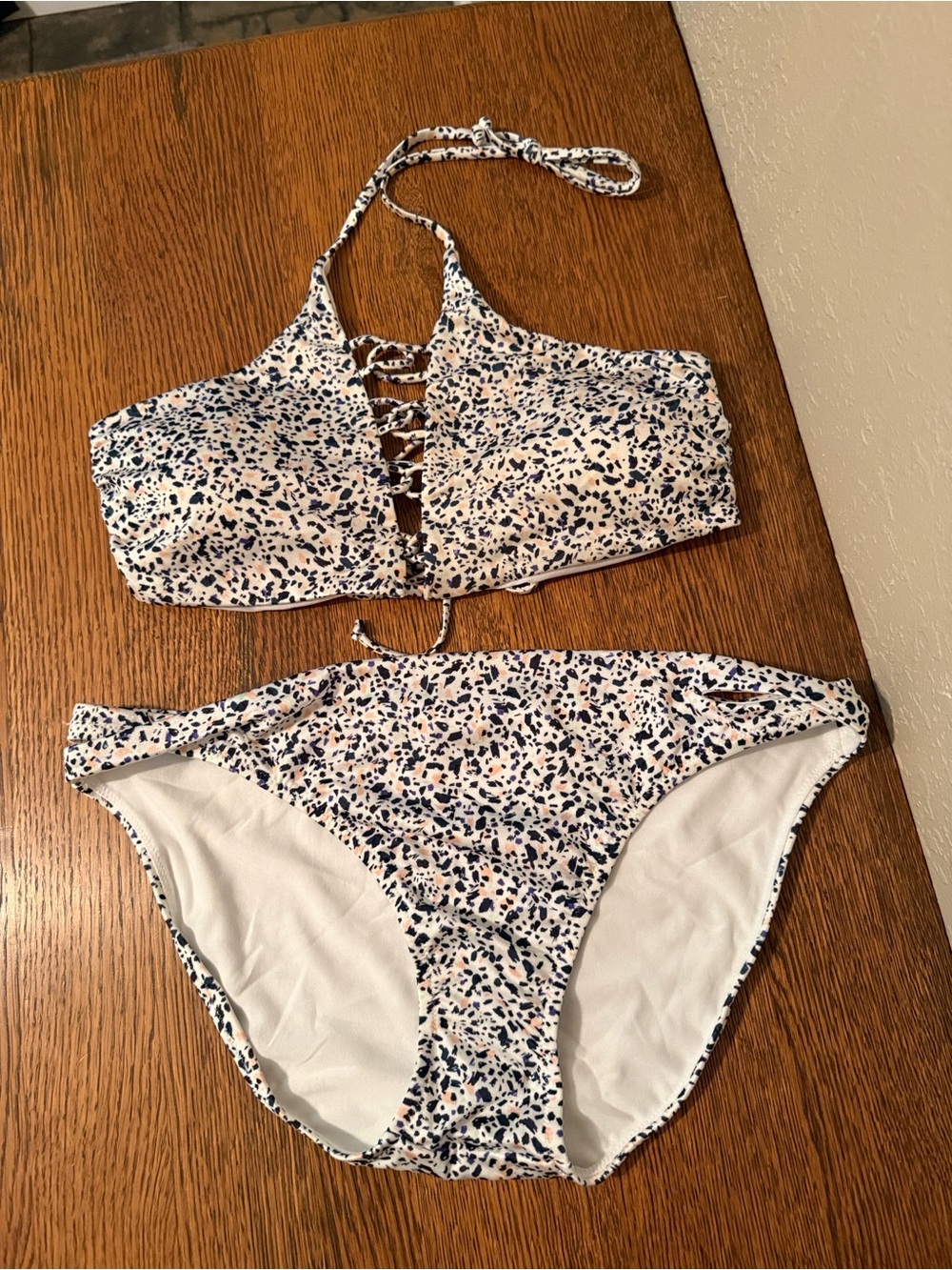Athleta White Bikini Bottoms with Navy Speckle Trim